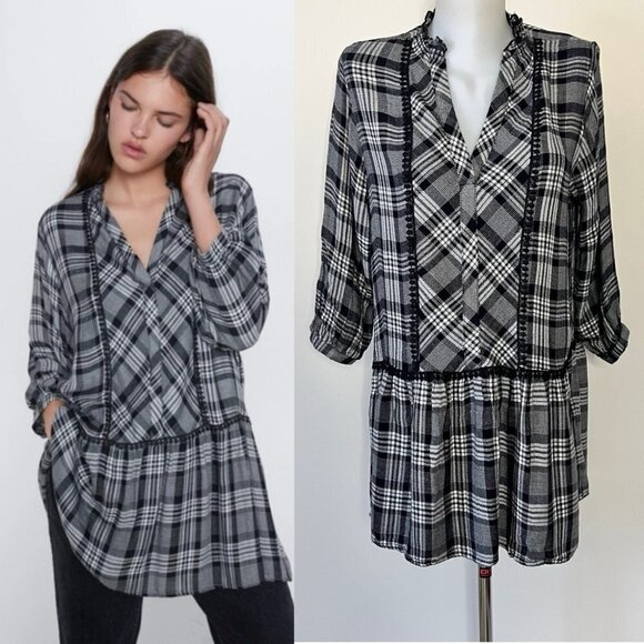 Zara Plaid Checkered Top Blouse Dress Tunic Embroidered Lettuce V Neck Hem Sz XS - Picture 1 of 16
